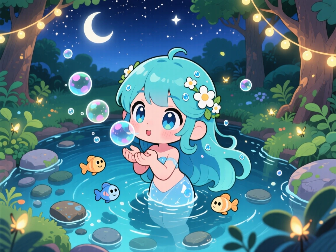 A water nymph blowing bubbles that turn into tiny fish, framed as a bird's-eye view within a crystal-clear woodland spring, under a starry midsummer night sky, glowing under glowing string lights, evoking wide-eyed wonder.