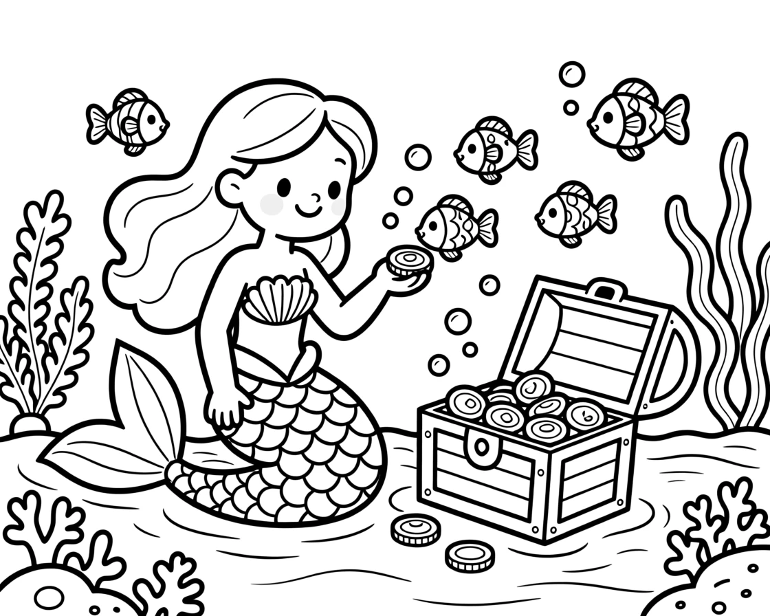 A mermaid feeding colorful fish from a treasure chest
