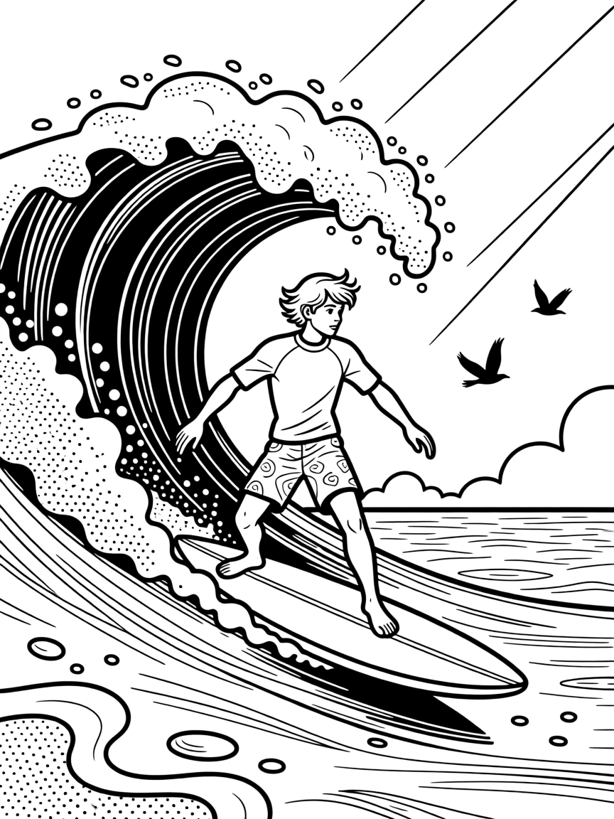 A surfer riding the curl of a massive wave, with sunlight streaming down in golden shafts.