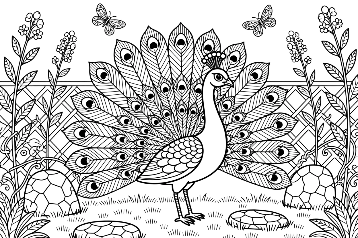 A peacock with its tail feathers fully fanned in a garden setting.