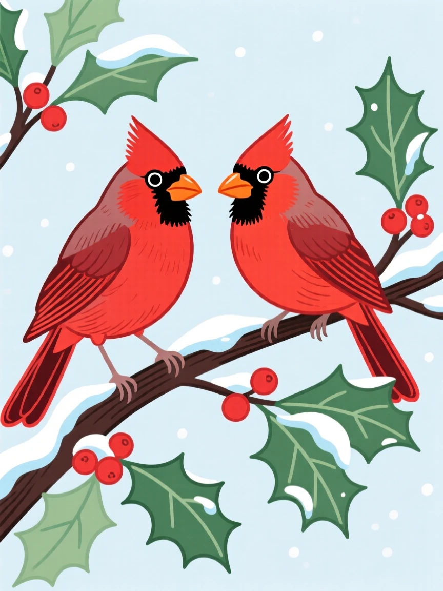 A pair of cardinals perched on a snowy holly branch.
