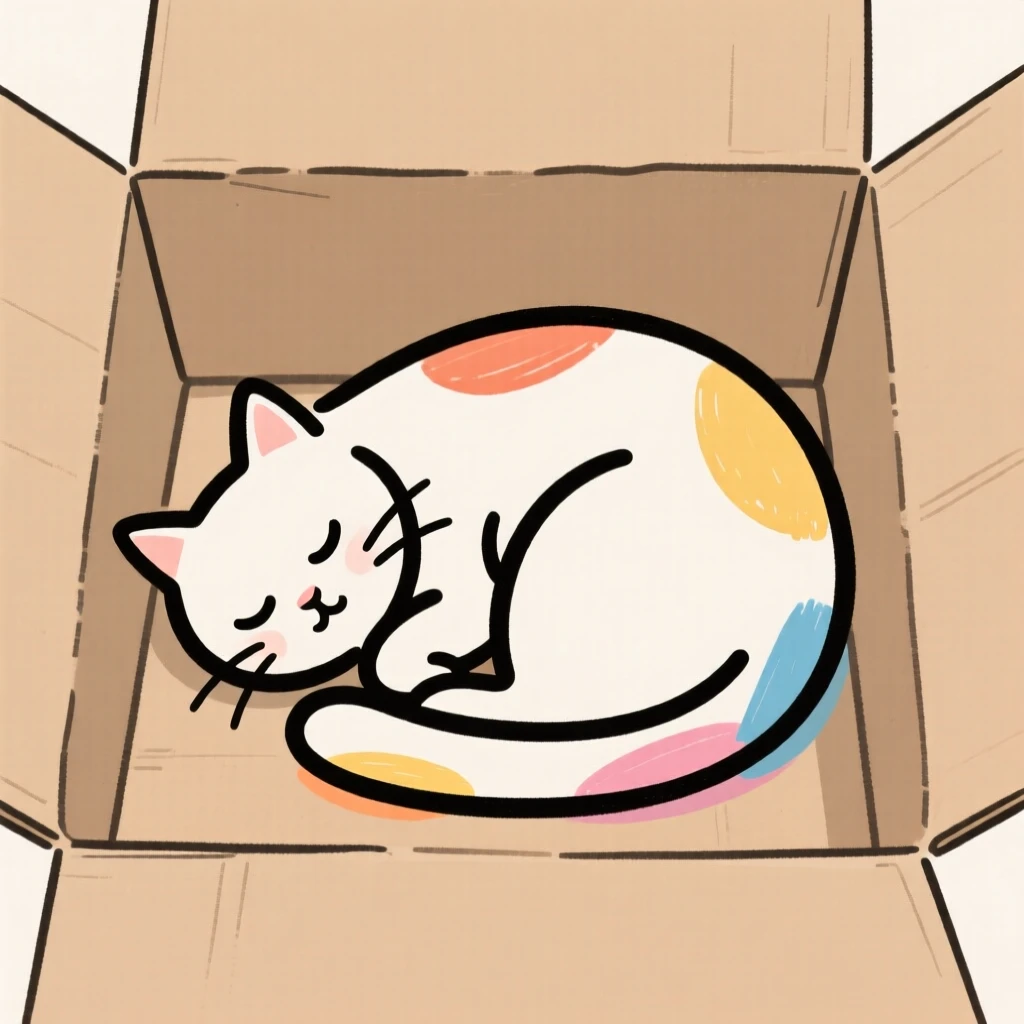 A cat curled asleep inside an empty cardboard box.