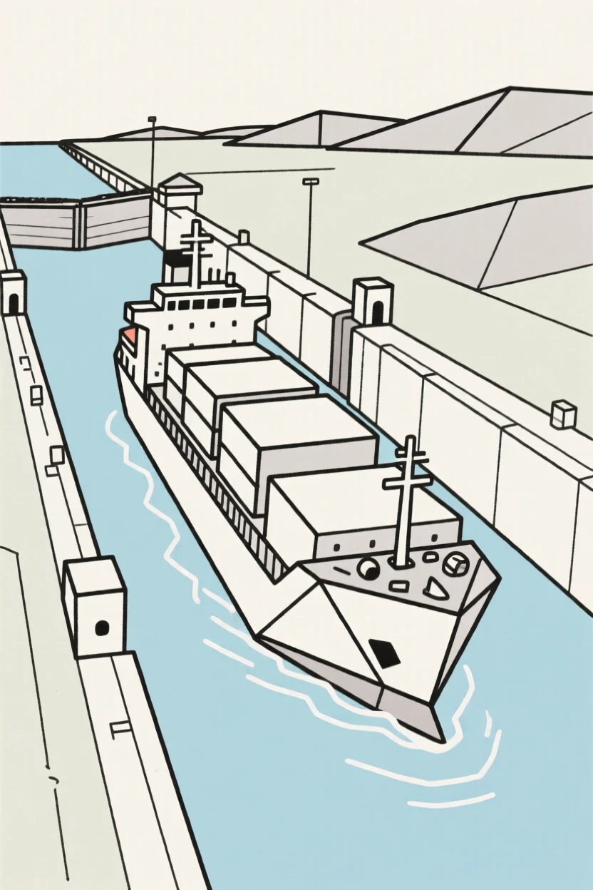 The Panama Canal with a ship passing through locks