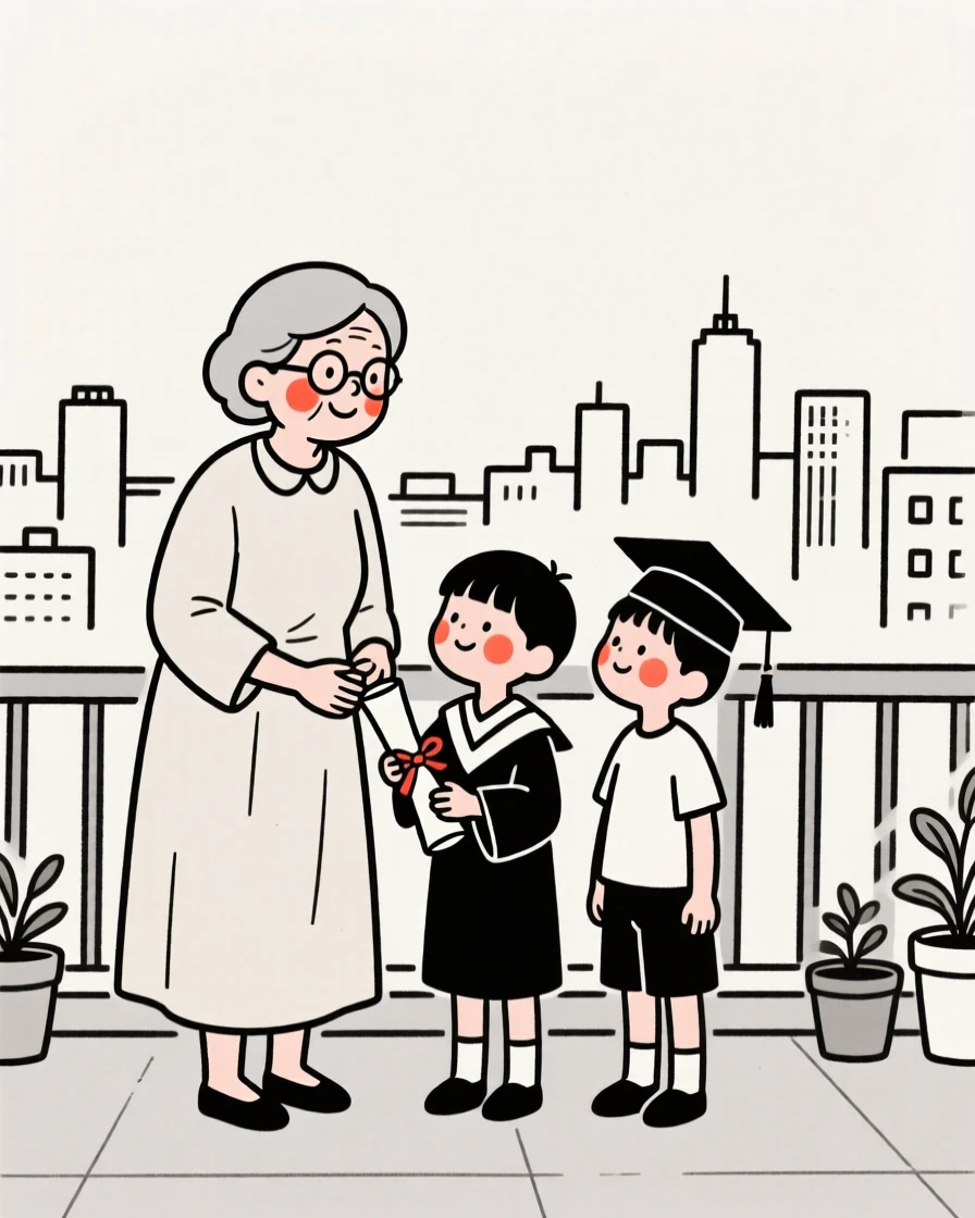 A grandmother and grandchildren celebrating a graduation, on a rooftop overlooking the city.