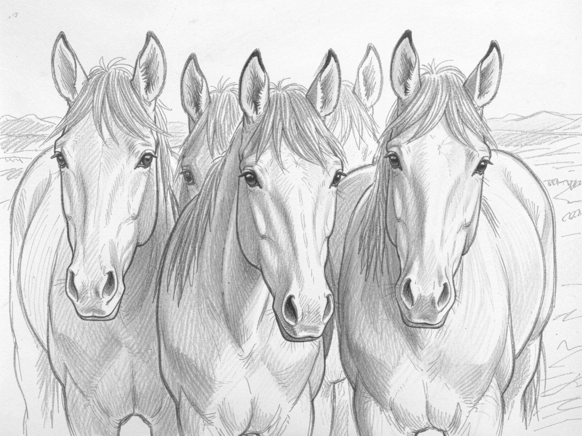 An adorable close-up of a herd of wild mustangs gazing curiously at the camera, with fur glowing in the sunset light.