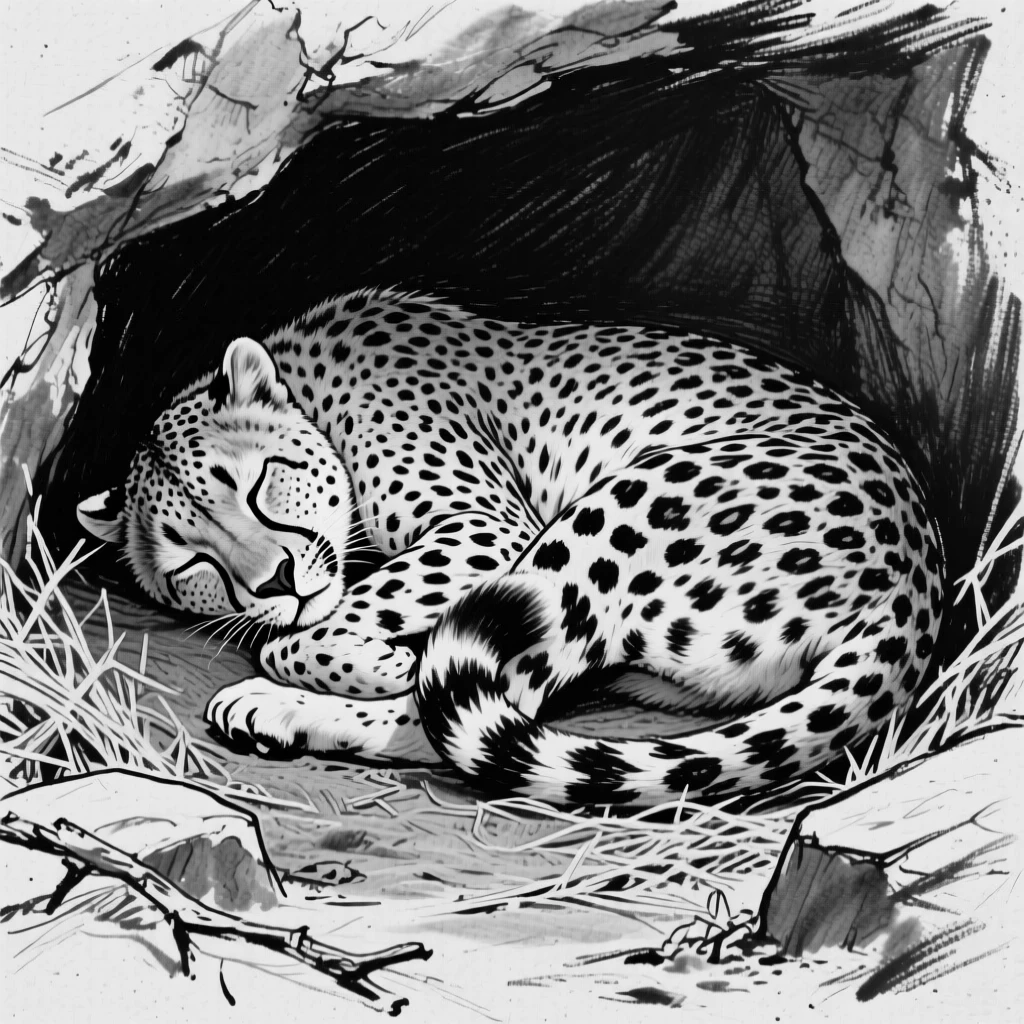 A cheetah mid-sprint curled up asleep in a cozy den.