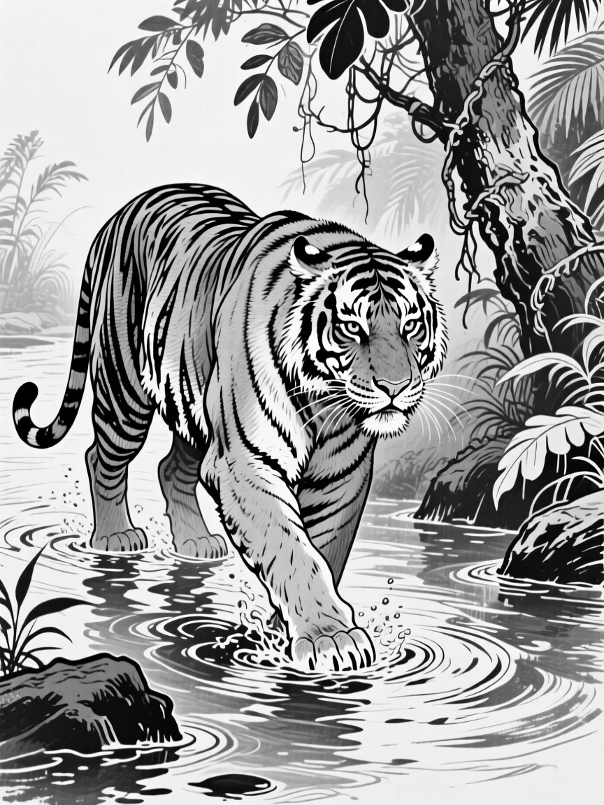 A tiger wading slowly through a shallow jungle stream.