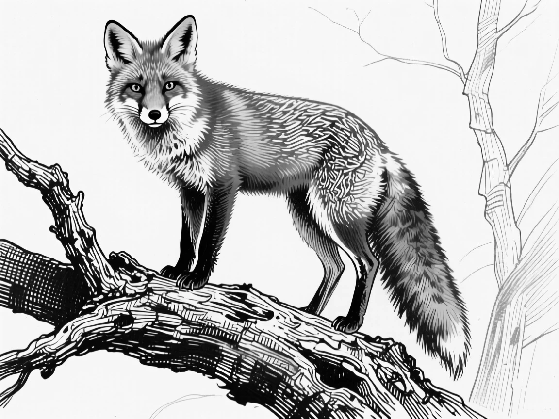 A curious red fox atop a weathered tree branch, eyes alert and watchful, capturing a calm and dignified moment in nature with a strong, centered focal point.