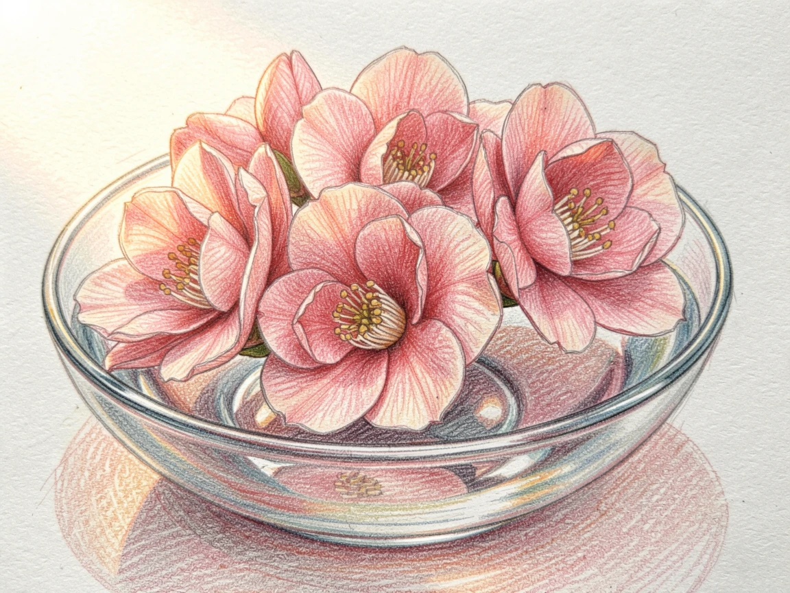 A cluster of camellias floating in a shallow glass bowl, with delicate petals catching gentle morning light, evoking romance, elegance, and quiet beauty.