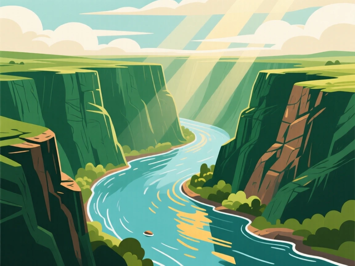 A winding river cutting through a deep emerald canyon, with soft rays of sunlight breaking through the clouds, balanced using the rule of thirds for natural harmony, with a fresh, crisp clarity that highlights every detail.