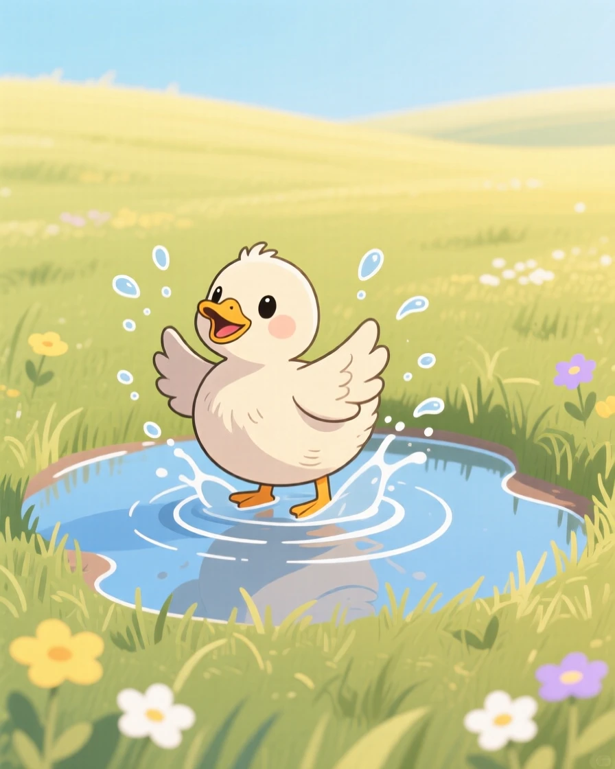 A playful duckling splashing in a puddle in a sunny meadow.