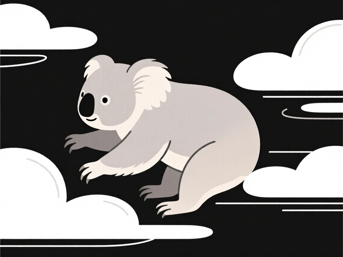 A close-up view of a koala moving gracefully through its habitat, surrounded by drifting clouds, full of gentle curiosity.