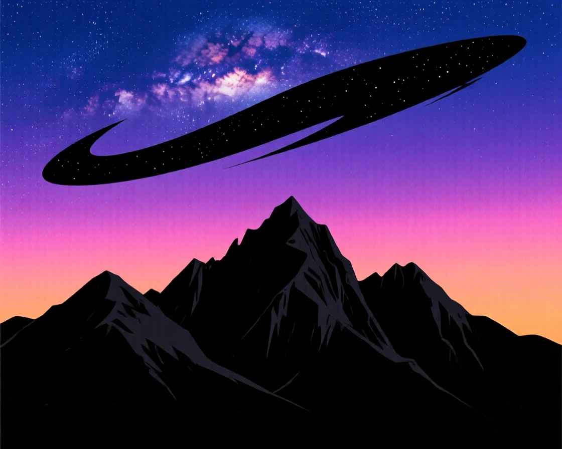 The Milky Way stretching across the sky above a jagged mountain range.