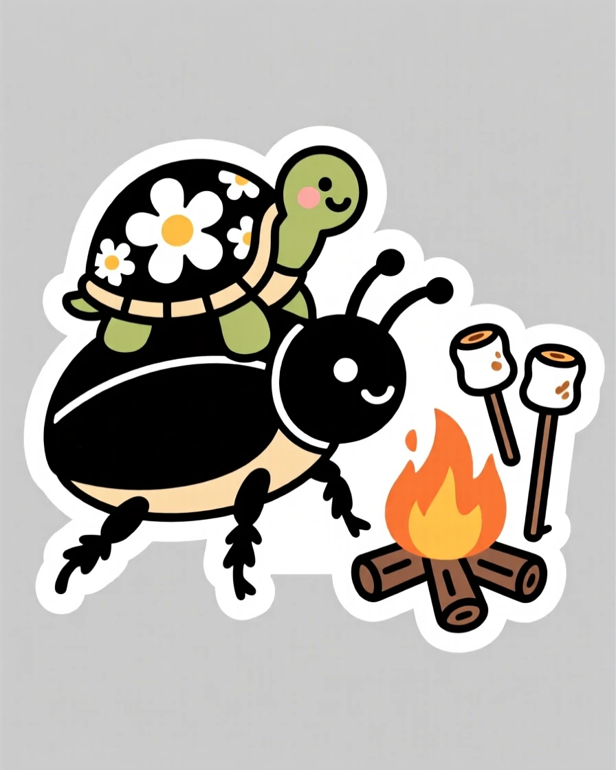 A content tiny turtle with a flower shell riding on the back of a friendly beetle, beside a small campfire with marshmallows roasting.