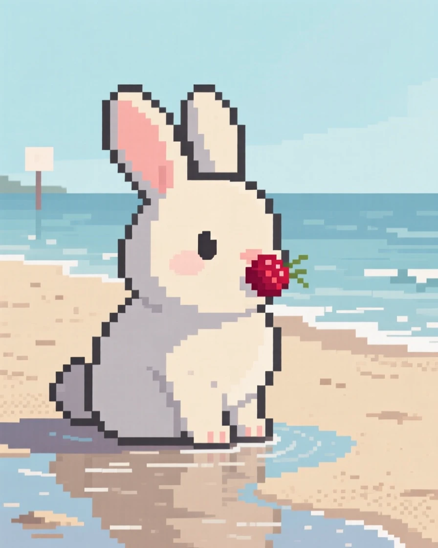 A soft bunny balancing a single berry on its nose, on a quiet beach at low tide.
