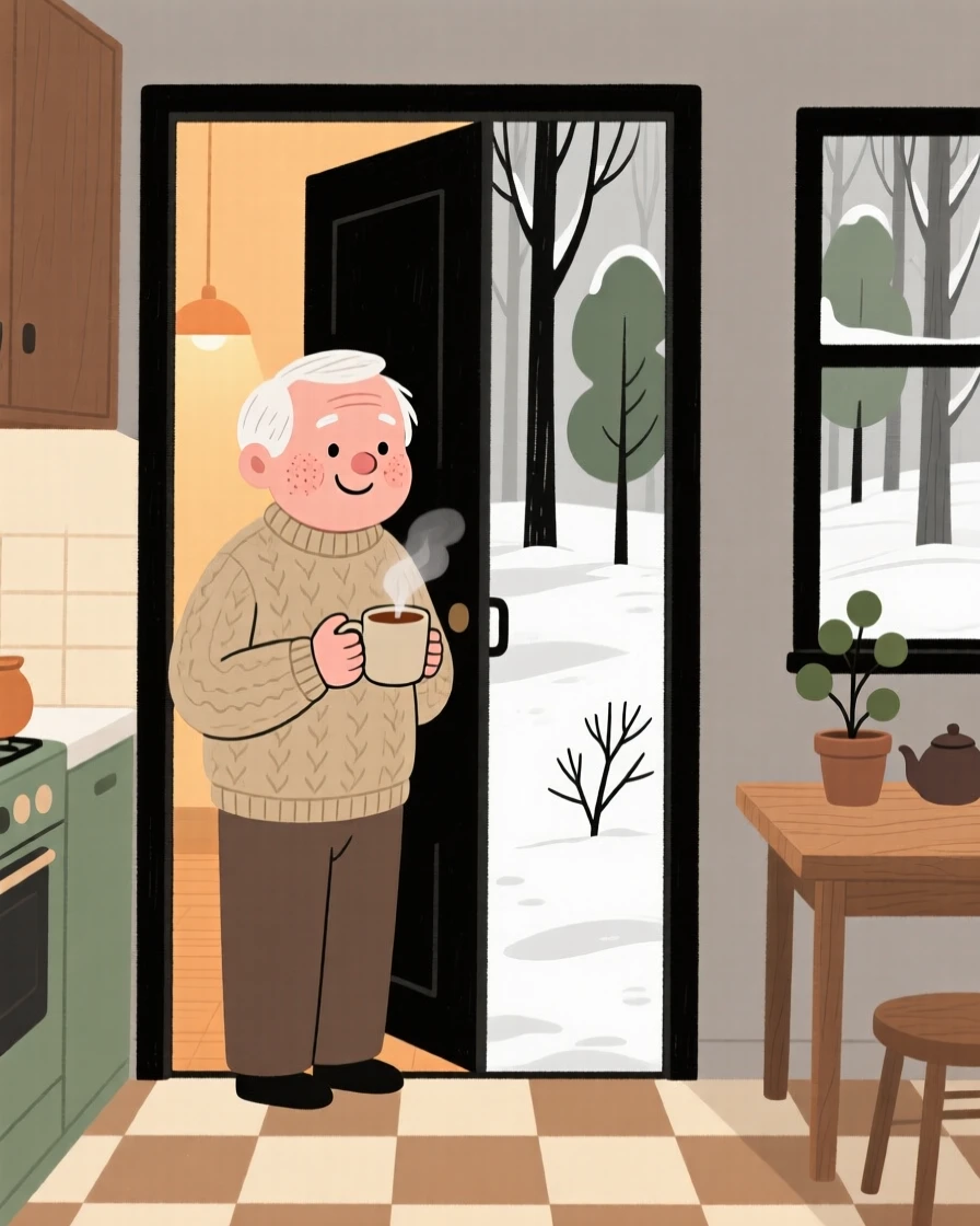 Snow blankets a forest clearing while a elderly man watches from a warm kitchen doorway, a mug of warm tea warming their hands.
