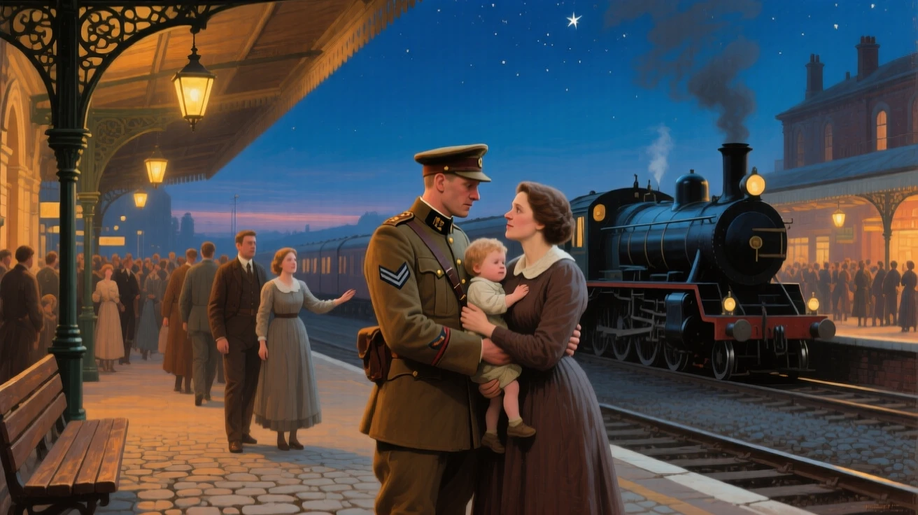 A well-framed scene of a soldier reuniting with his family at a bustling train station, under the night sky, under a clear blue sky.
