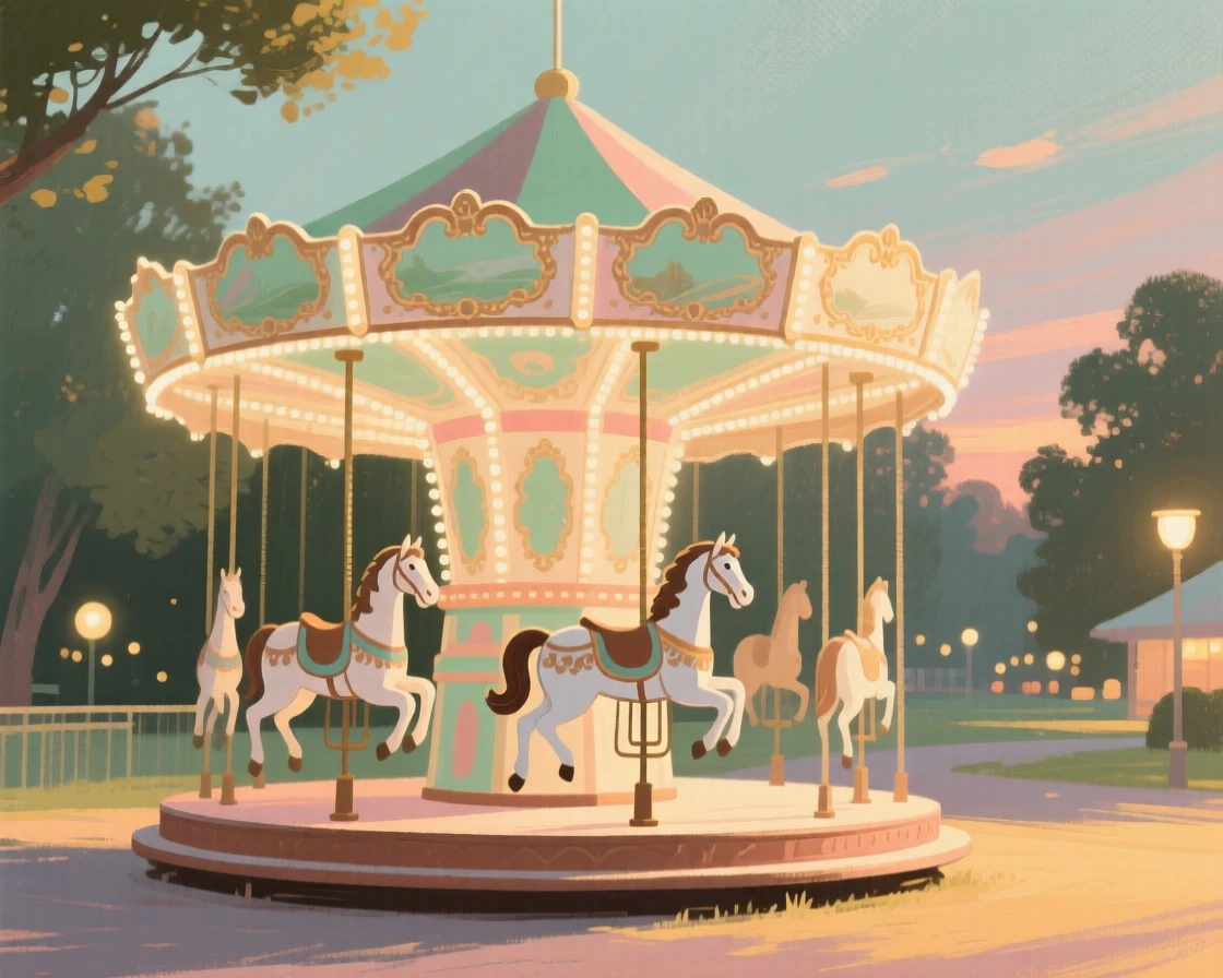 A vintage merry-go-round lit up on a warm summer night