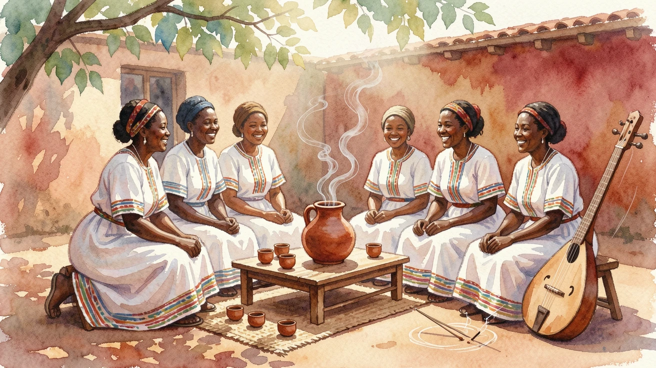 A traditional Ethiopian coffee ceremony with incense with joyful music filling the air.