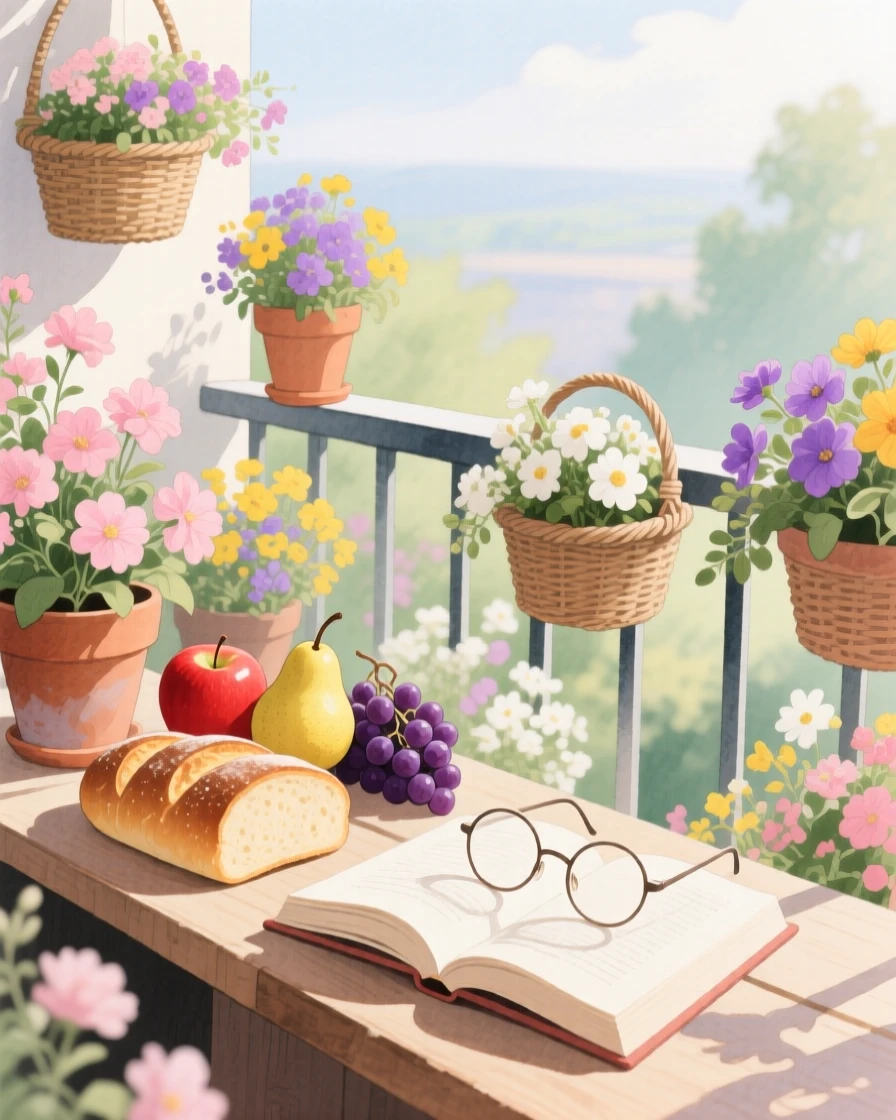 A charming view of a flower-filled balcony, with baskets of fruit and bread on the counter, featuring a pair of reading glasses resting on an open book