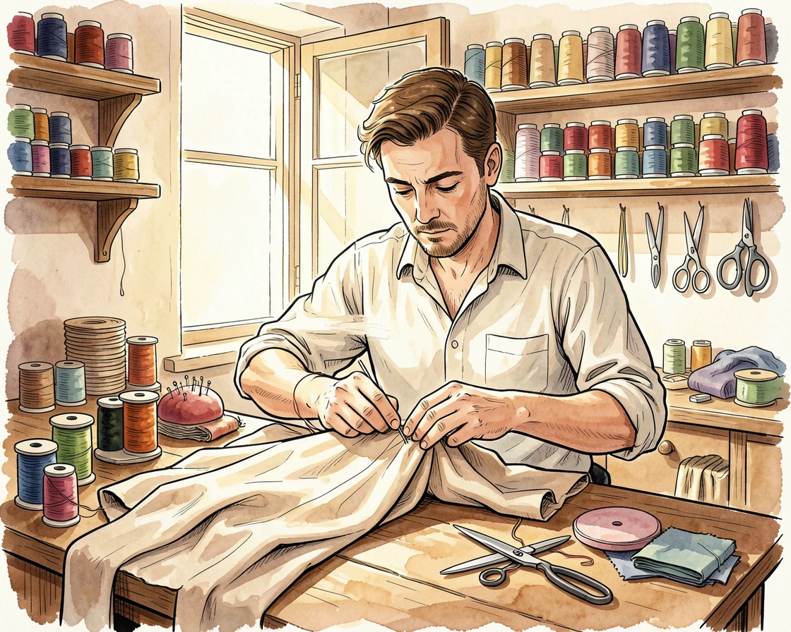 A tailor carefully stitching fabric by hand in a small sunlit workshop filled with spools of thread