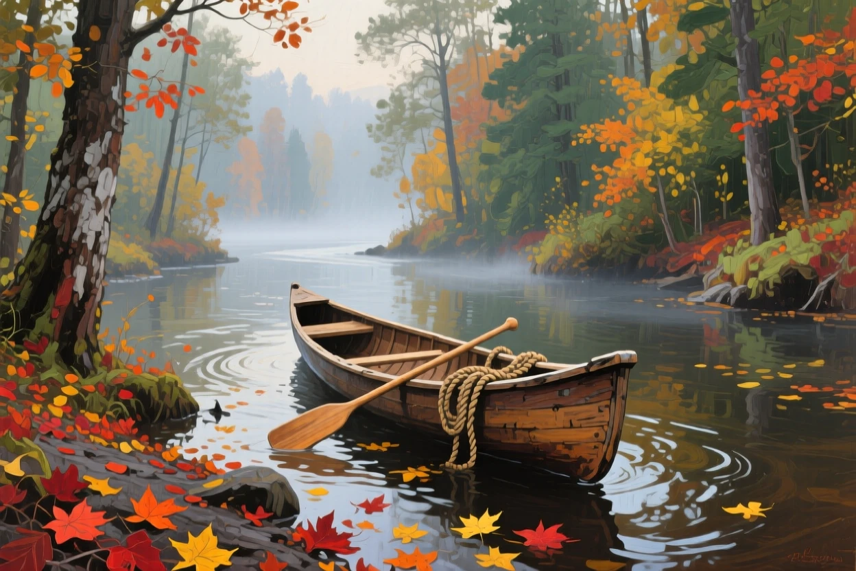 a canoe drifting through a misty forest river, during the first days of autumn, with a clear foreground, subject, and distant setting.