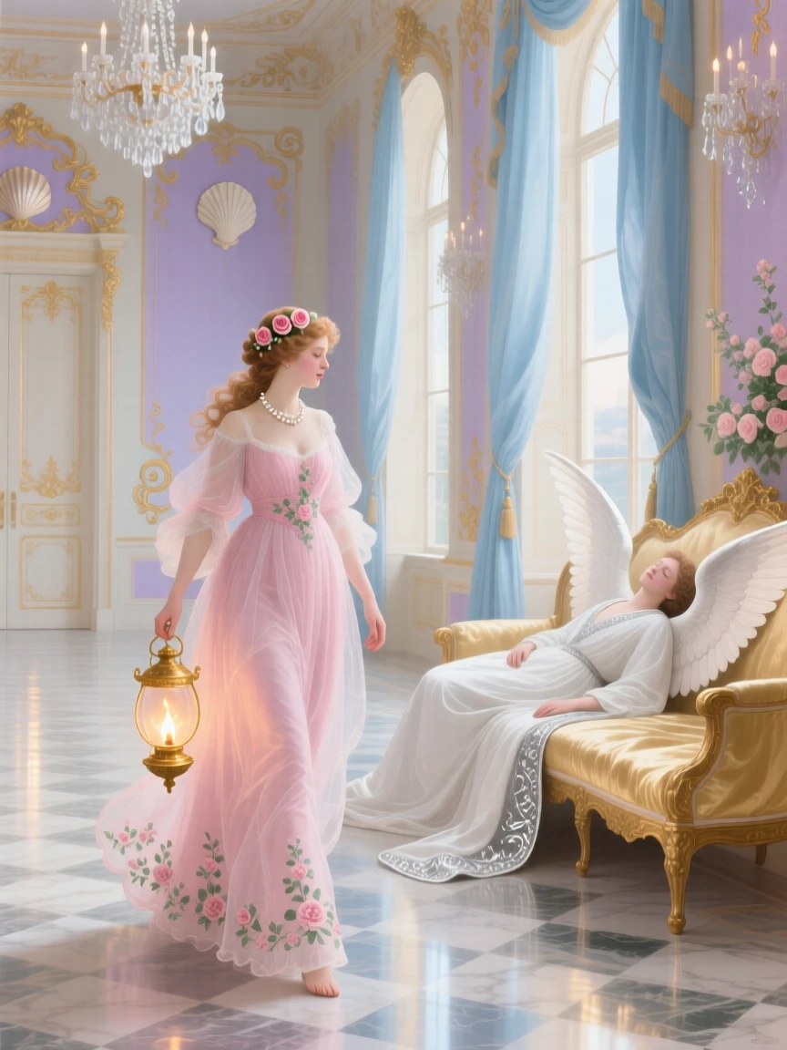 Psyche carrying a lamp through a grand hall toward a sleeping winged figure  