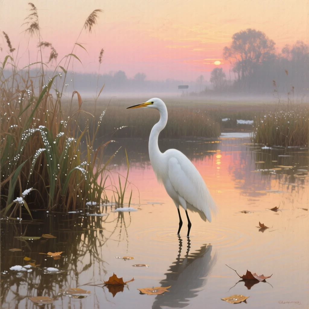 A snowy egret standing motionless in a still wetland at sunrise, its posture radiating quiet strength and dignity, capturing a rare and intimate glimpse into wild life