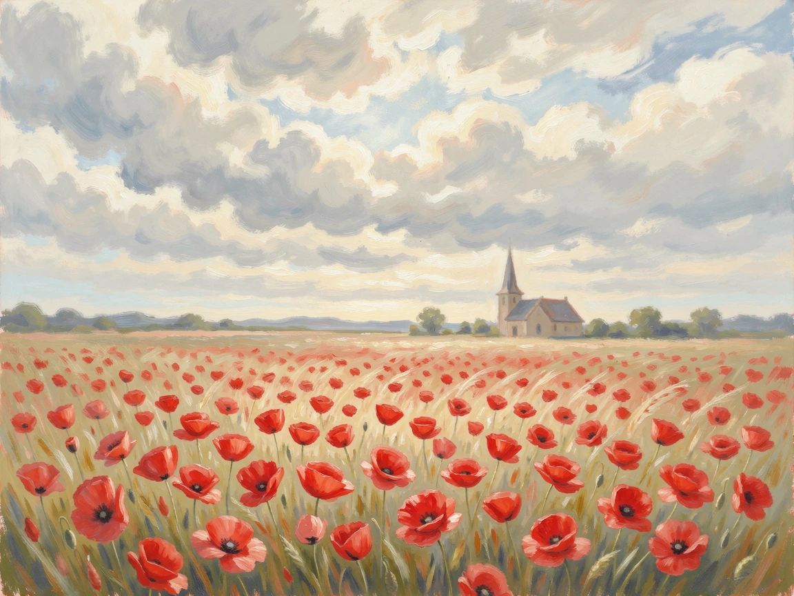 A field of red poppies swaying beneath a dramatic cloud-filled sky, a distant church steeple rising above the horizon.
