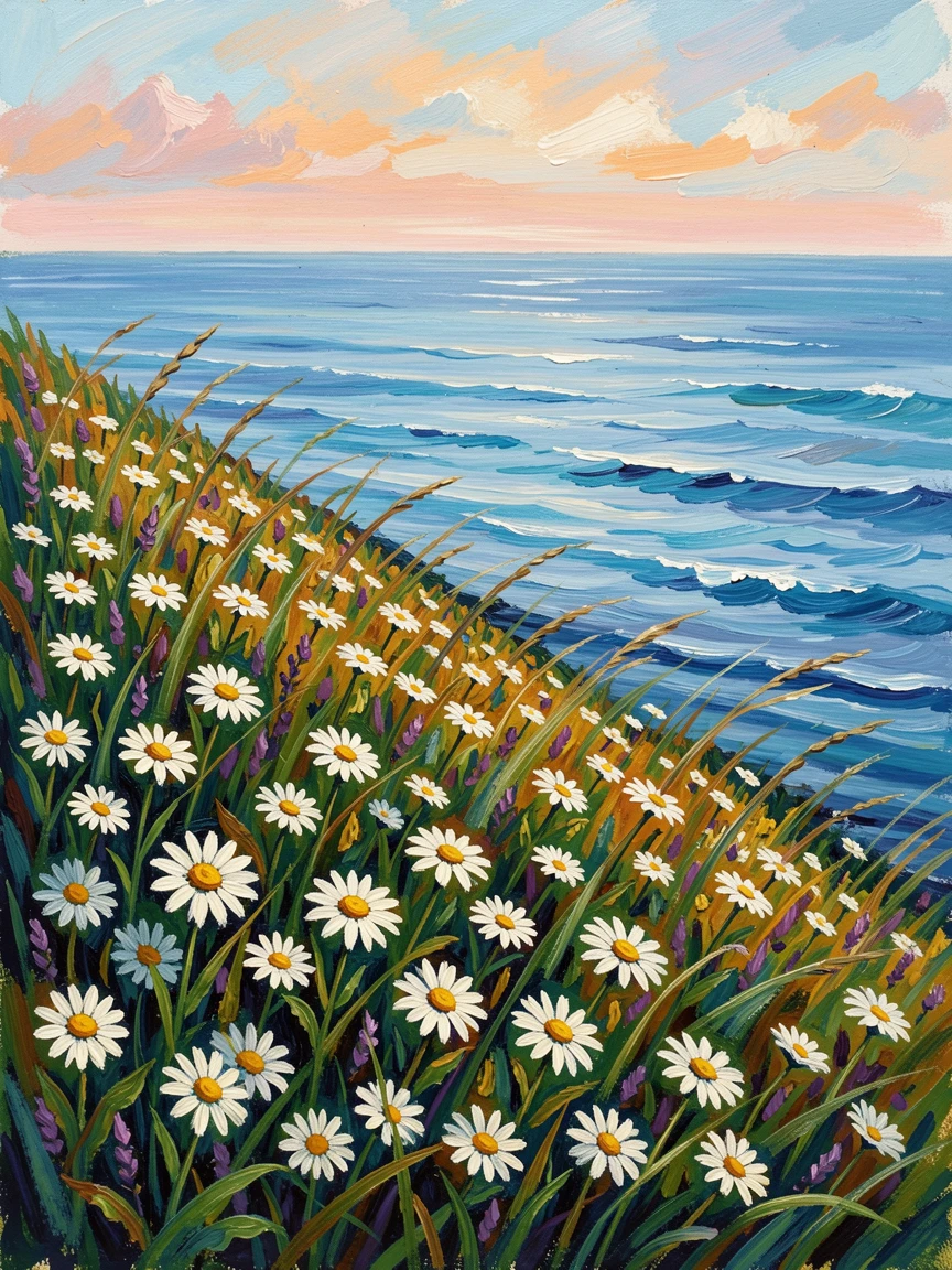 A coastal cliff meadow covered in wild daisies overlooking a calm blue sea.