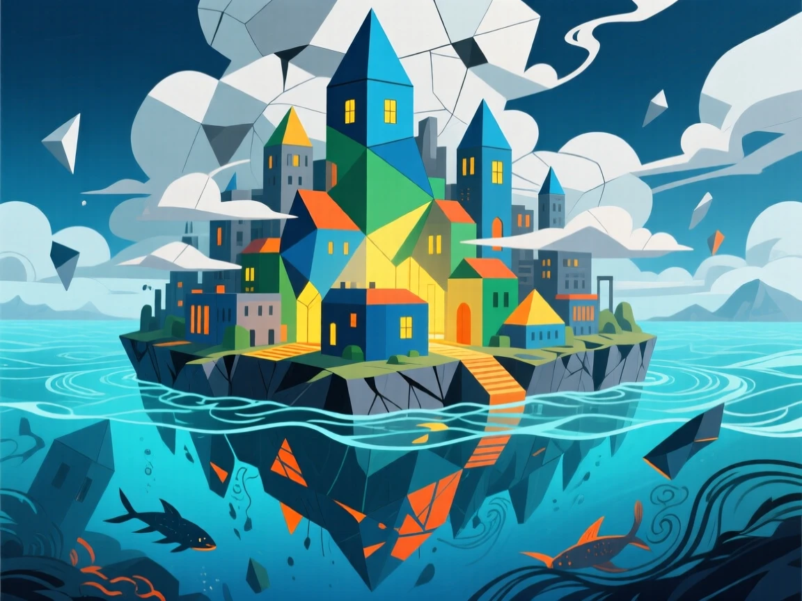 A magical scene of a sunken city glowing beneath the waves atop a floating mountain wreathed in clouds.
