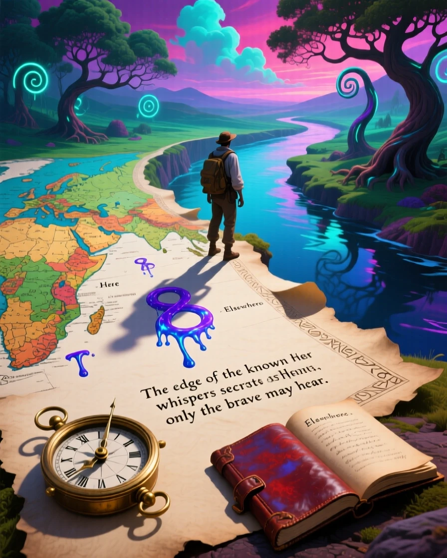 An explorer standing at the edge of a map that fades into blank paper pauses thoughtfully at the edge of an unfamiliar world, as small details of the world quietly bend and shift nearby.