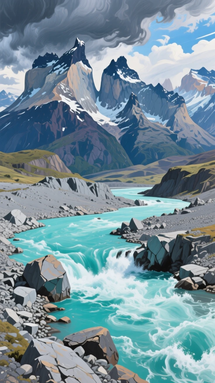 A powerful glacial meltwater river in Patagonia carves a turquoise path through gray moraine, distant granite towers rising sharply against a stormy sky, everything rendered with quiet clarity under the steady, natural light of the hour.