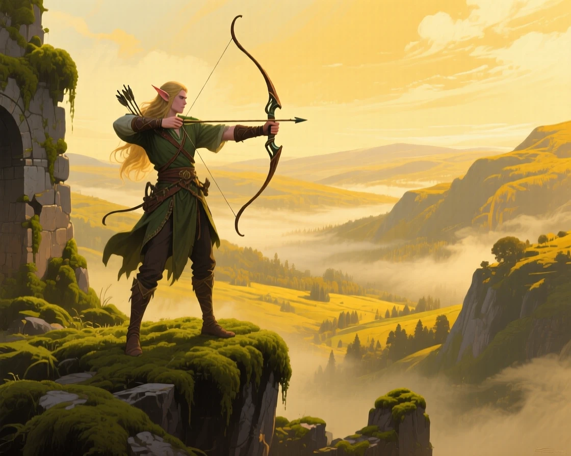 An elven archer standing on a moss-covered ruin overlooking a valley shrouded in golden mist
