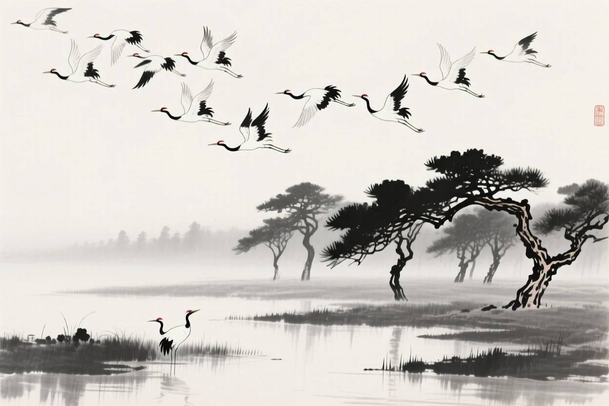 A flock of cranes circles above a quiet wetland, with pine trees silhouetted on the horizon.