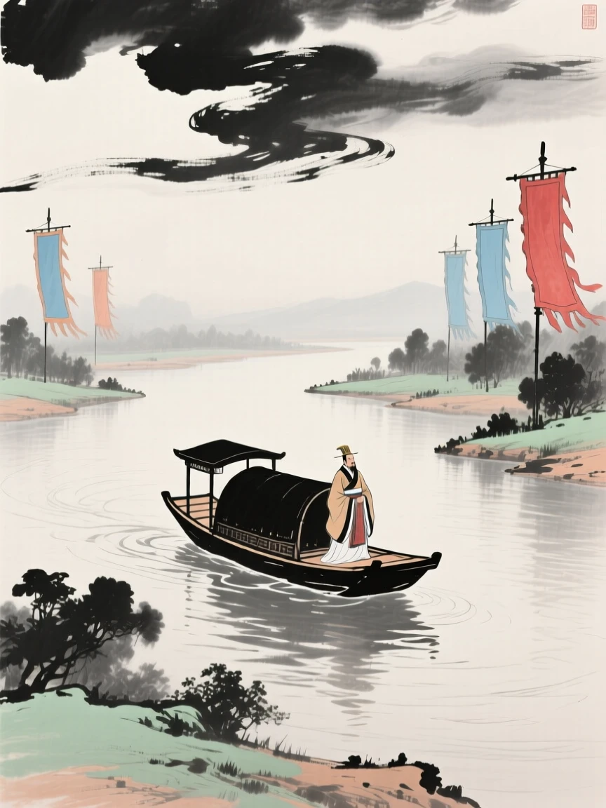 An emperor's barge gliding slowly down a wide river flanked by banners, under drifting clouds.
