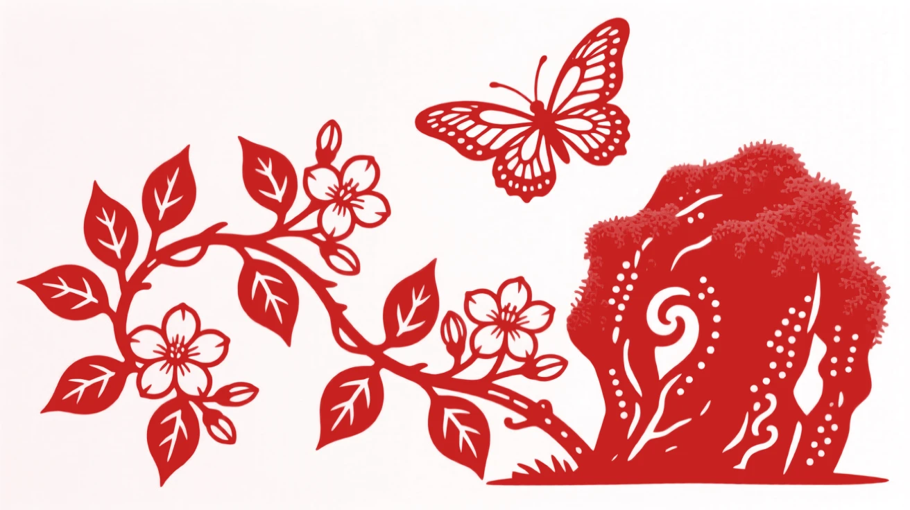 A jasmine vine growing beside a moss-covered garden rock, as a butterfly hovers just above the petals.