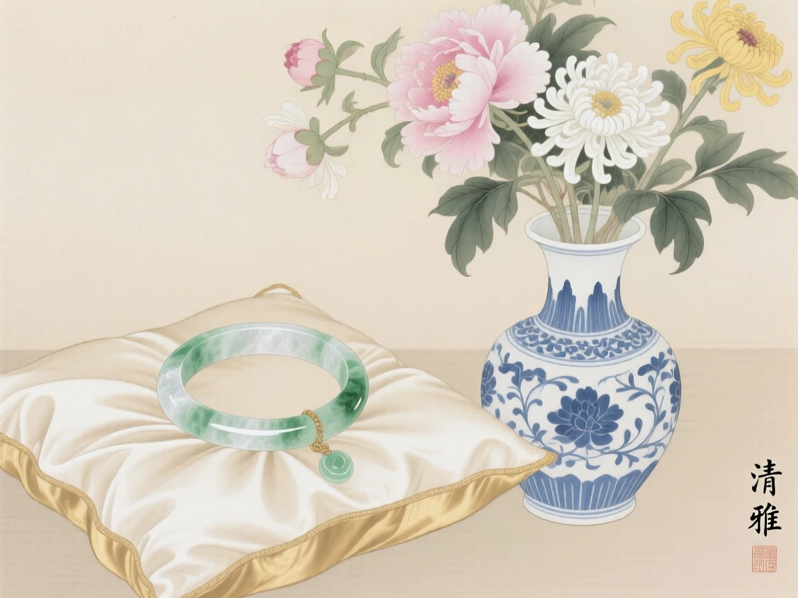 A jade bracelet resting on a silk cushion beside a vase of freshly cut flowers