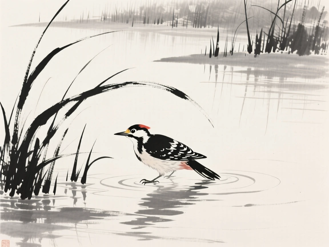 A woodpecker wading through shallow reeds along the edge of a reed-lined marsh, seen up close with delicate feather detail, evoking grace, freedom, and quiet elegance.