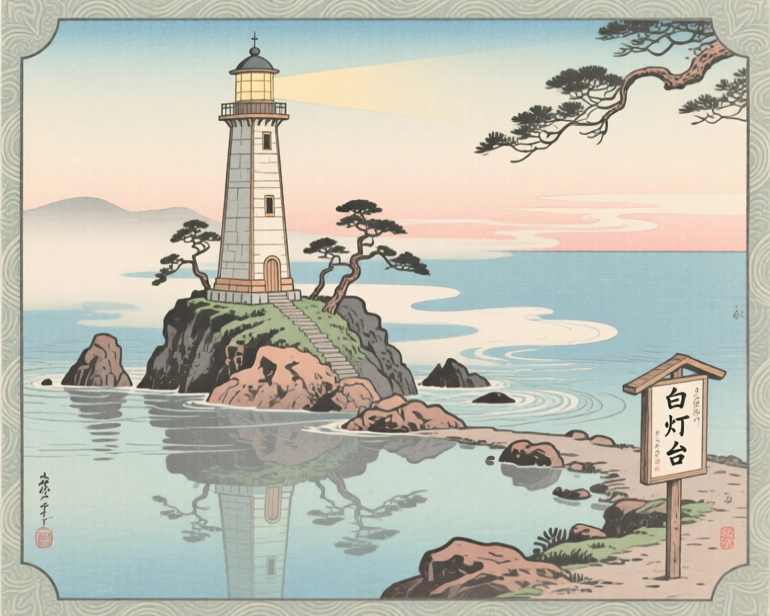 A lighthouse on a stony point reflected in glassy calm water, as fog rolls in from the sea.