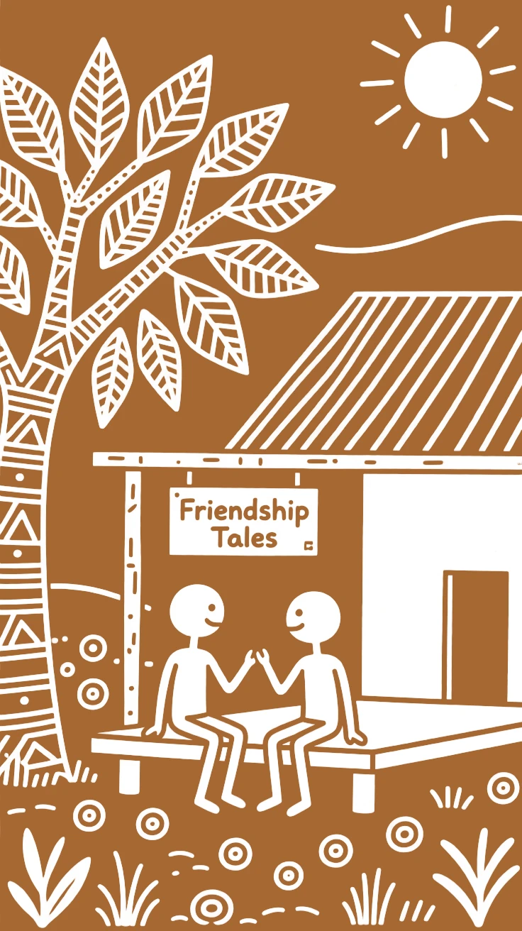 Two best friends reuniting sitting together under a tree telling stories on the veranda of a small house.