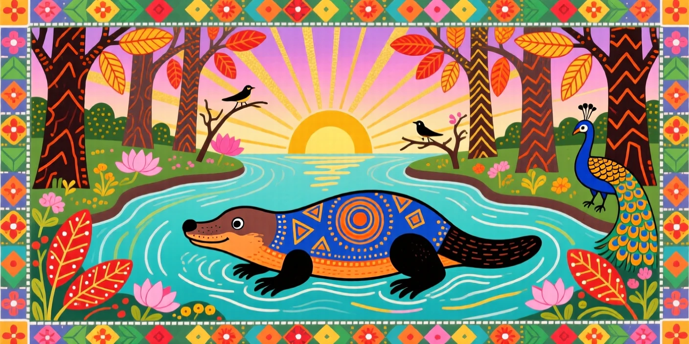 A platypus swimming through a quiet forest stream at dawn.