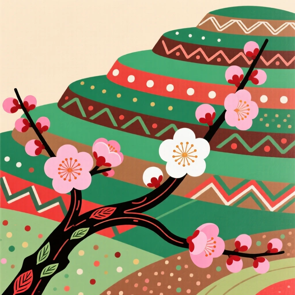 A branch of plum blossoms on a terraced hillside.