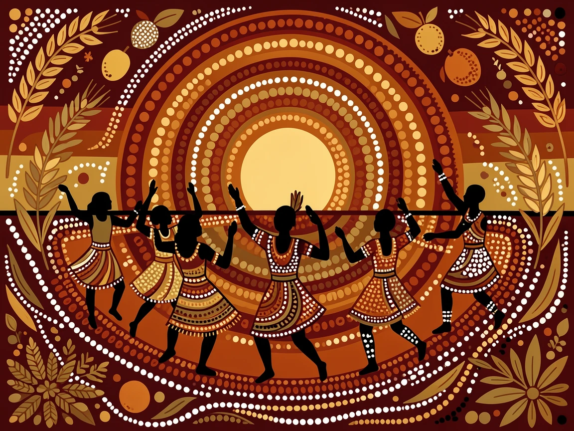 Dancers celebrating a traditional harvest festival at sunset