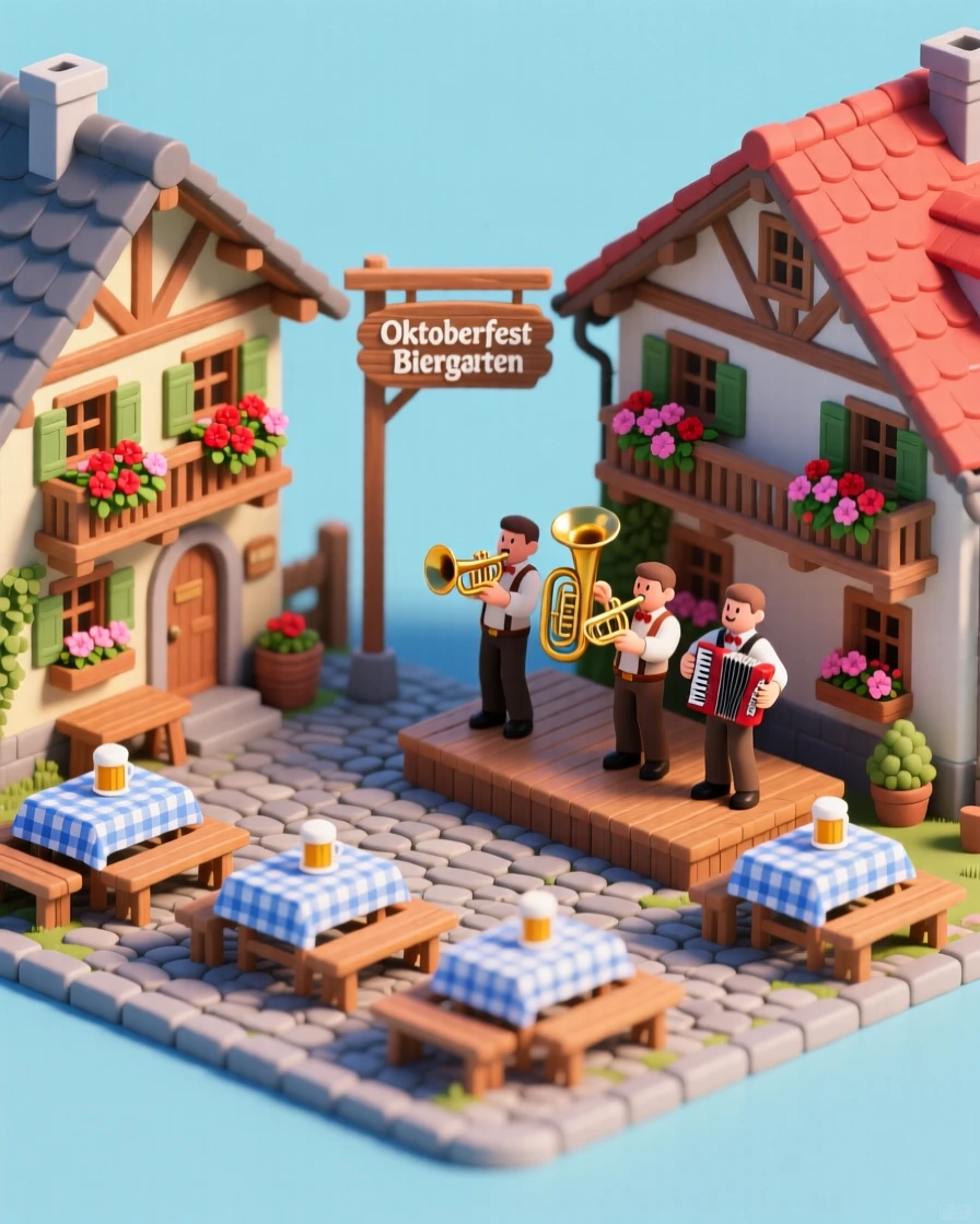 A Bavarian mountain village during Oktoberfest, with beer garden tables set up in the square, a brass band playing, and flower boxes overflowing on every balcony.
