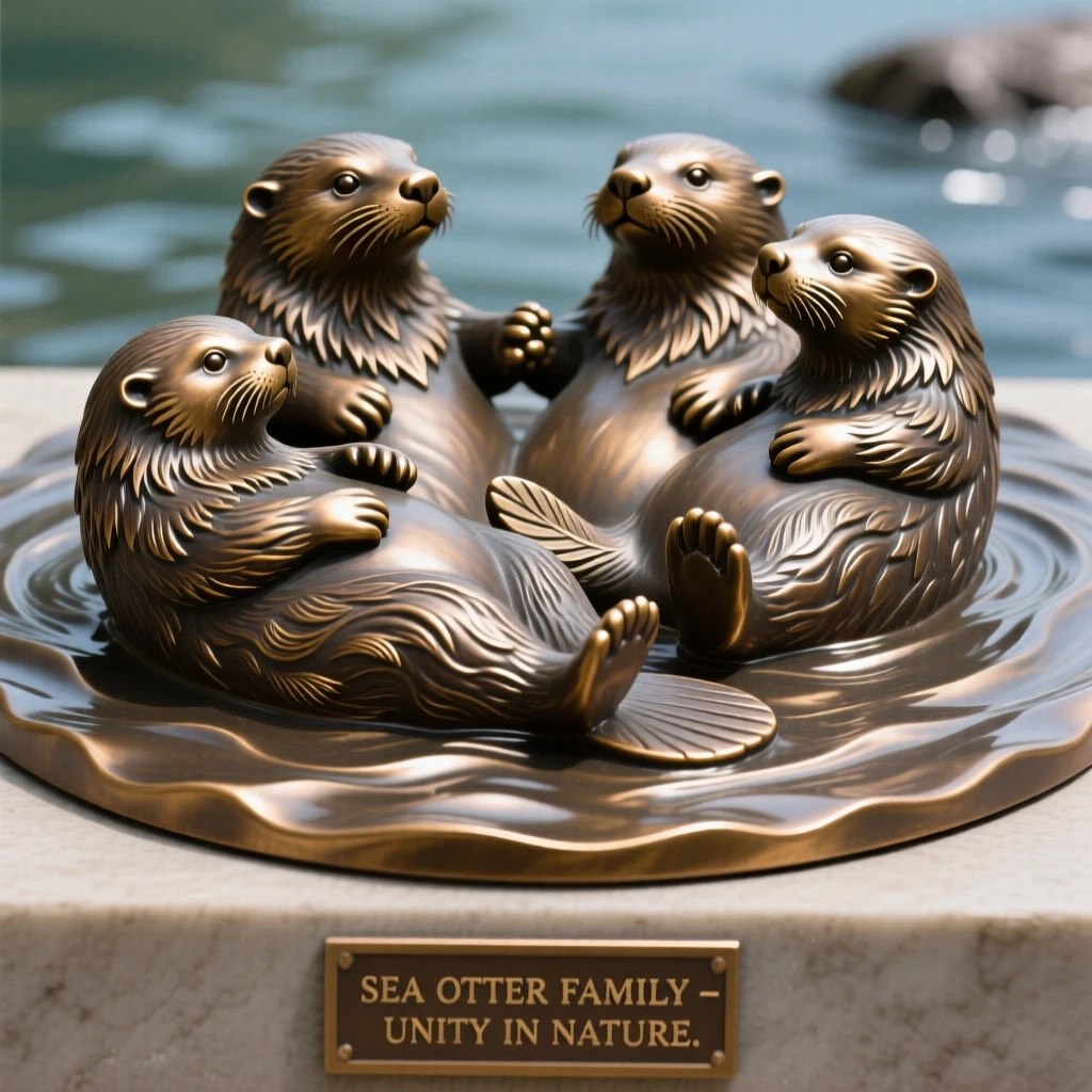 A family of sea otters floating together holding hands, with fine, lifelike detail in fur and feather, evoking wonder and majesty