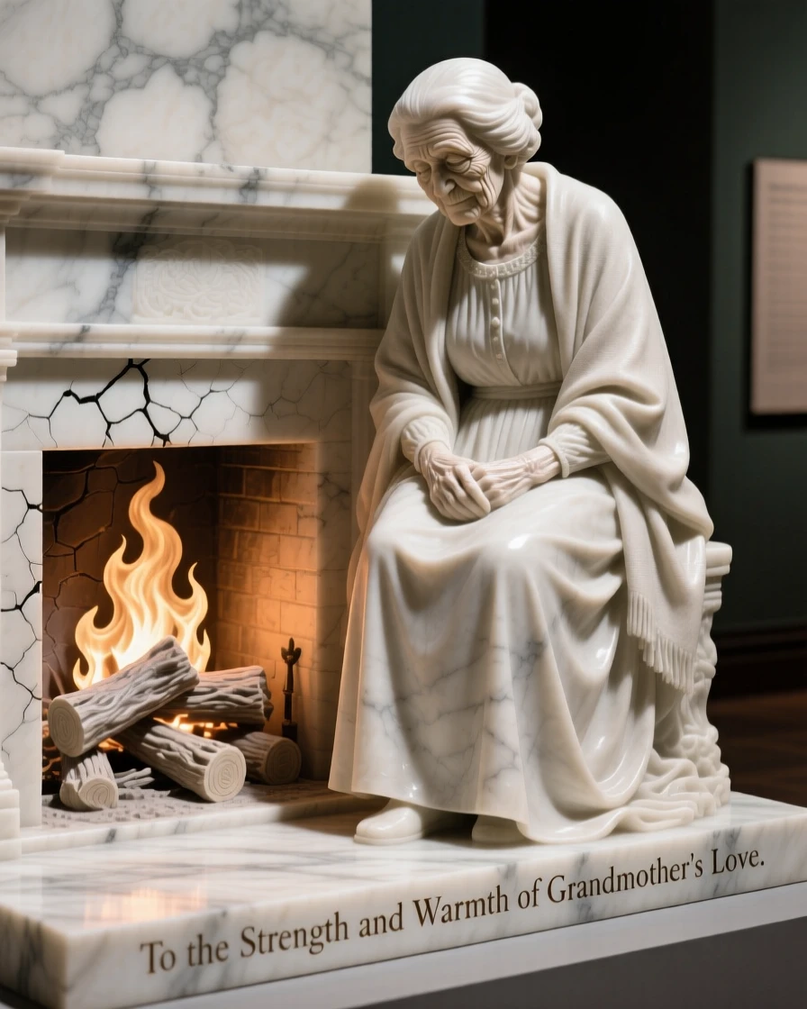 A tender portrait of a proud grandmother, looking down with a tender, protective gaze, beside a crackling fireplace, evoking warmth and humanity
