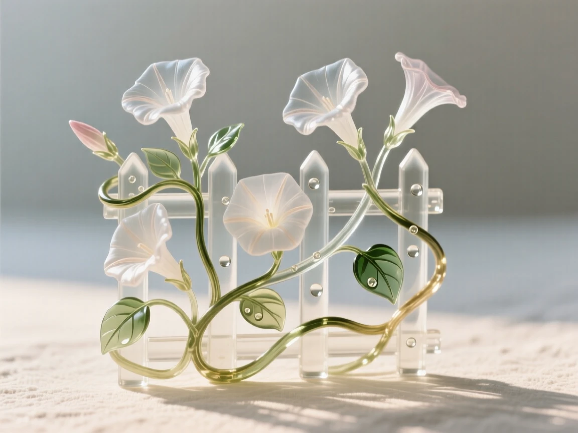 Morning glories climbing a fence, backlit by soft morning sunlight, dew drops clinging to the petals, composition centered and intimate, evoking freshness and calm.