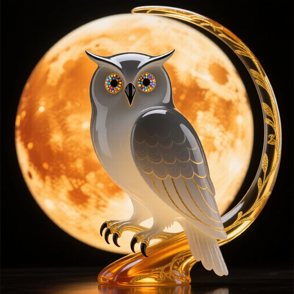 A single owl silhouetted against a giant harvest moon, iconic and enchanting.