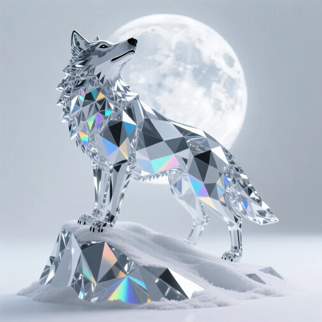 A wolf howling atop a snowy ridge silhouetted against a full moon.